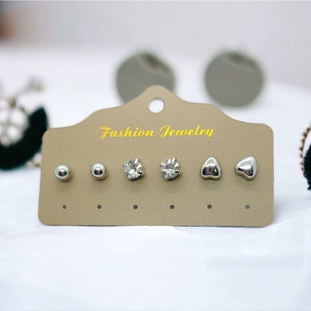 Set/3 Pair Silver Stud Earrings Puffy Heart/CZ/Round Ball Boho SimpleโJewelry